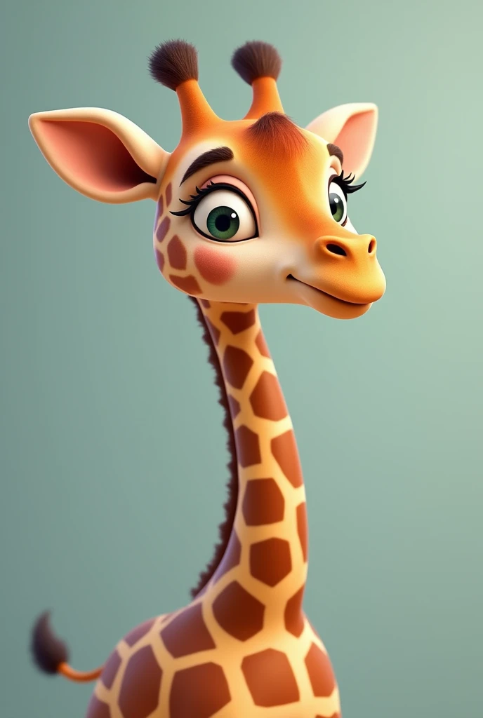 A giraffe looking down to the right. 3d image, Cartoons, face detailed, asymmetrical 16k, full body