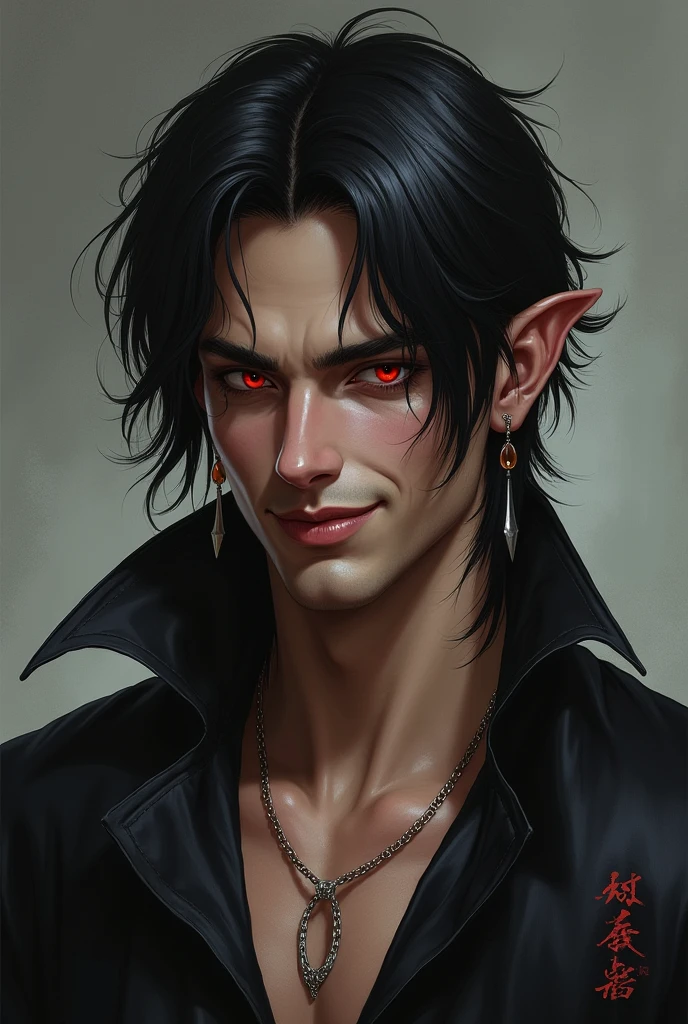 30 years old man
Is tall.
Has dark hair.
Has an extremely attractive appearance, with an otherworldly look.
Has a lean and muscular build.
Has a pair of intense crimson eyes.
Has very sharp fangs and claws.
Wears elegant and revealing clothes that highlight his appearance.
Comes from a medieval fantasy world.
A smug smile on his face
