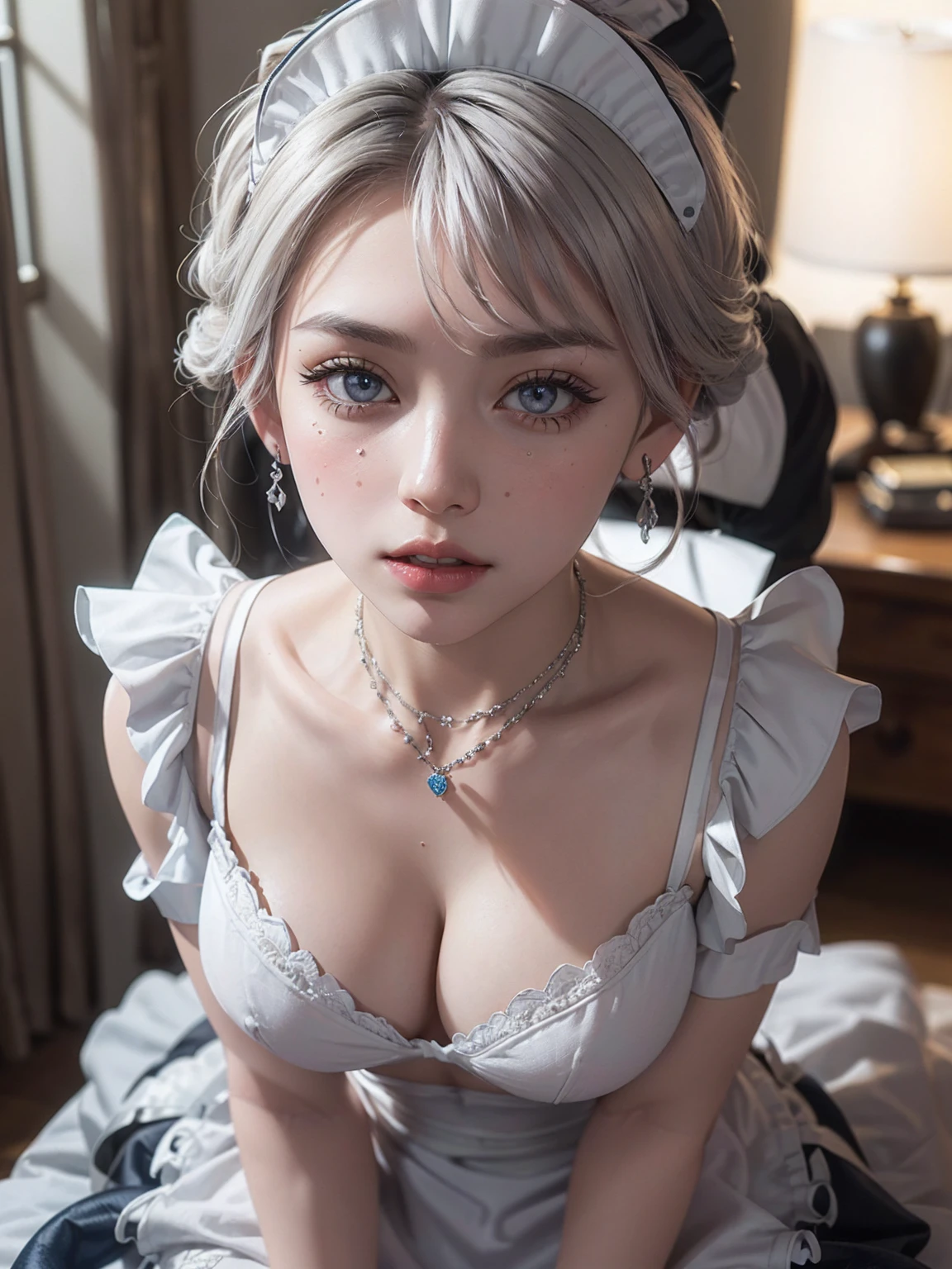 (table top: 1.3), (maximum resolution: 1.2), (Ultra HDTV: 1.2), movie light, 8K resolution,
detailed eyes and skin, detailed facial features, , (sharp focus: 1.2), (focus on face:1.2),perfect style, beautiful face, Acura, anatomically correct, Highly detailed face and skin texture, detailed eyes, double eyelid, thin eyebrows, glitter eyeliner: 1 natural cheeks, shiny skin, fair skin: 1.2, (shiny lips: 1.4),、 (shy expression: 1.2),Highly detailed face and skin textures, detailed eyes, double eyelid, natural cheeks, , shiny lips: 1.4,exposed cleavage、(Having a large amount of sperm in the chest:1.4)(There is a large amount of sperm on the thighs:1.2)、
red blush、insulting、impatience、Embarrassment、frightened、Glare、tear、Embarrassment하다、open your knees、spread legs、Masturbation、masturbation、rubbing one's genitals with one's fingers,,,,,,,,,,,,,,,,,,,,,,,,,,,,,,,,,,,,,,、
white underwear、white bra、Sparkling little earrings and necklaces、、disheveled clothes、dressing、Exposed panties、sweating、inexpressive、sheer underwear、
25 years old, not 、 big, upturned breasts, sitting on bed, midnight、bedroom,white silver hair、Blue-gray eyes、(maid clothes:1.6)、