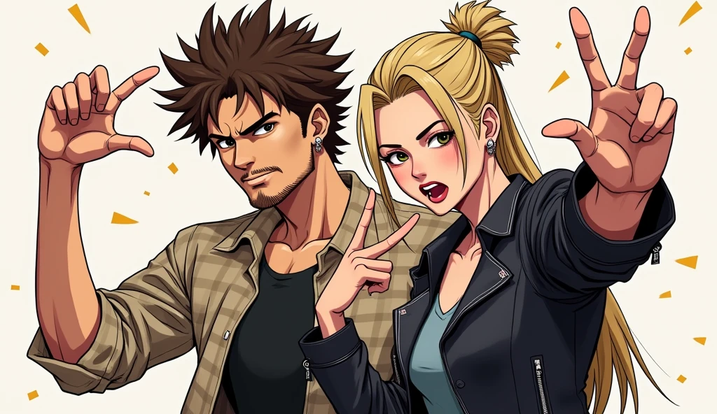 Create a stylized illustration of two young adults posing together in the iconic art style of JoJo's Bizarre Adventure. The man on the left has messy brown hair and a short beard, wearing a beige plaid shirt and a black T-shirt. He is making the 'rock on' hand gesture. The woman on the right has long blonde hair, tied back, wearing a black leather jacket. She is winking and also making the 'rock on' hand gesture. Both characters should have exaggerated, dynamic poses, with sharp, defined facial features and intense expressions typical of the JoJo style. Include dramatic shading, bold colors, and dynamic lines to emphasize the characters' energy and presence. The background should be minimalistic, focusing attention on the characters, with a few abstract shapes or lines that enhance the overall dramatic effect."
Ratio 16:9