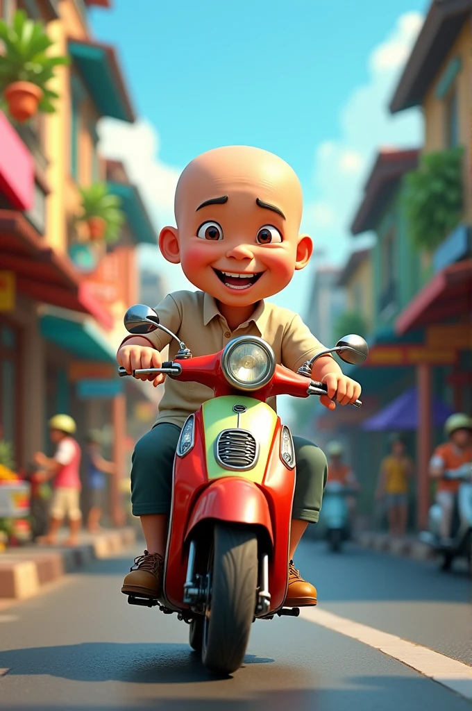 4d cartoon of a bald Indonesian man using a scooter