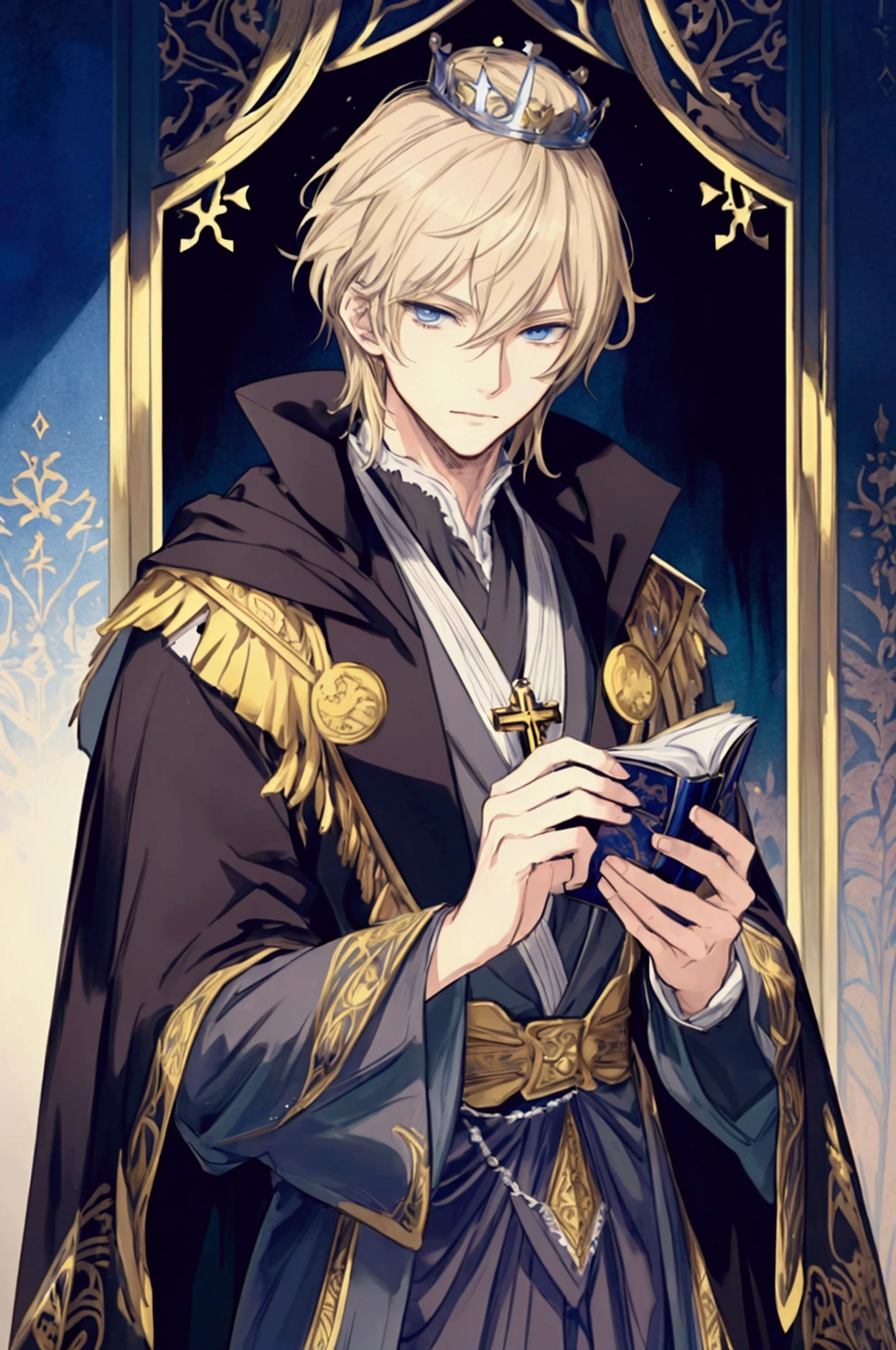 (Masterpiece), ((Highest Quality)),(Official Art),Dark cynicism:1.2),(1 solo anime man: 1.3). A stern and regal tyrant, straight and short blonde hair, blue eyes, white and gold intricate royal robes and cape, patterns of cross and religious motifs, wears a royal crown, stands in a dark palace balcony holding a ceremonial sword. Detailed picture. Detailed eyes. Masculine jaws. Soft fairytale picture book Arthur Rackham. Colorful, best detailed ((super detailed)), (highly detailed 2D anime man illustration), ((dark and beautiful))