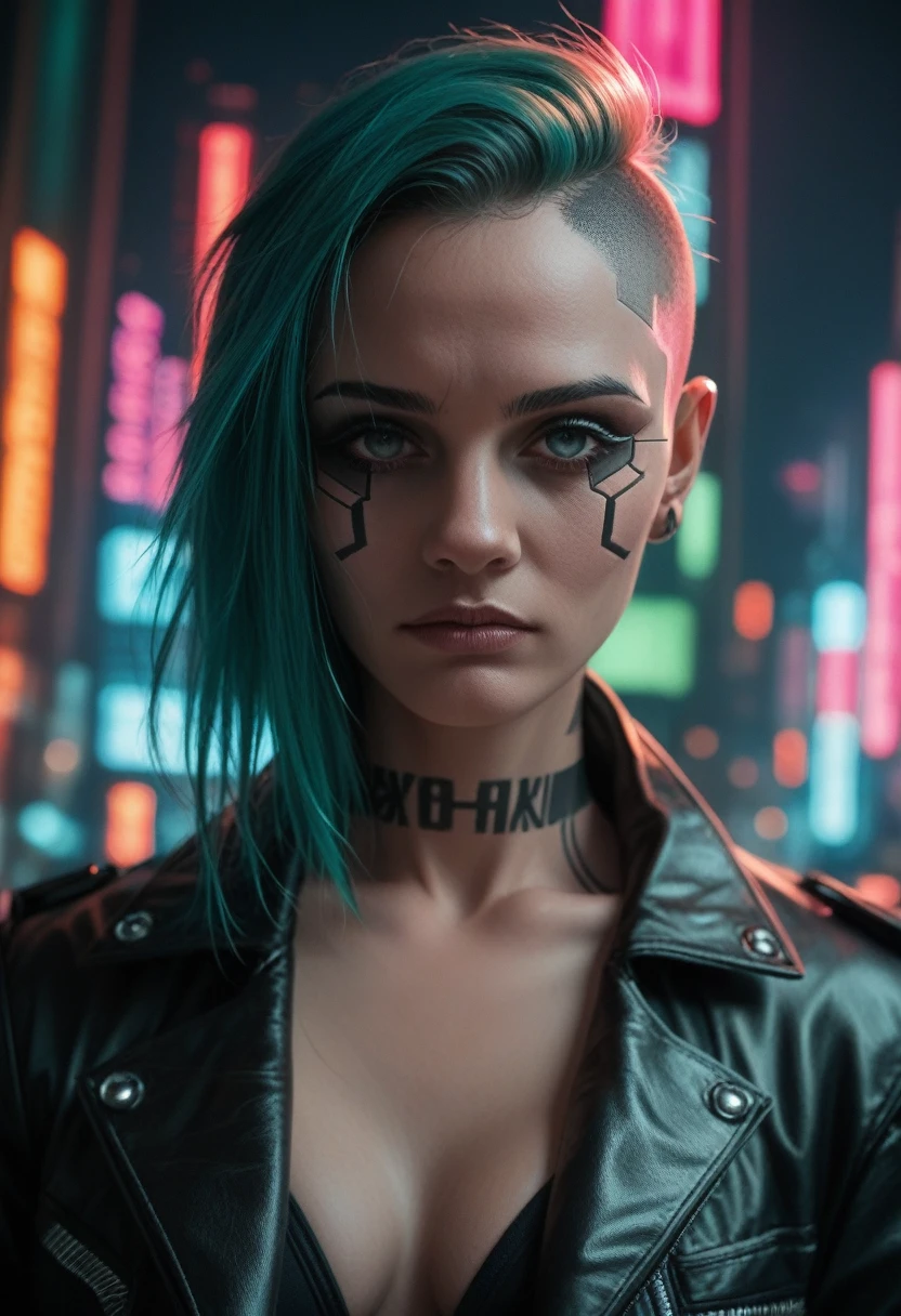 cyberpunk girl,neon city,sexy cybergoth,leather jacket,metal body parts, face,hyper detailed,high quality,photorealistic,cinematic lighting,dramatic colors,moody atmosphere,intricate details,digital art,concept art style