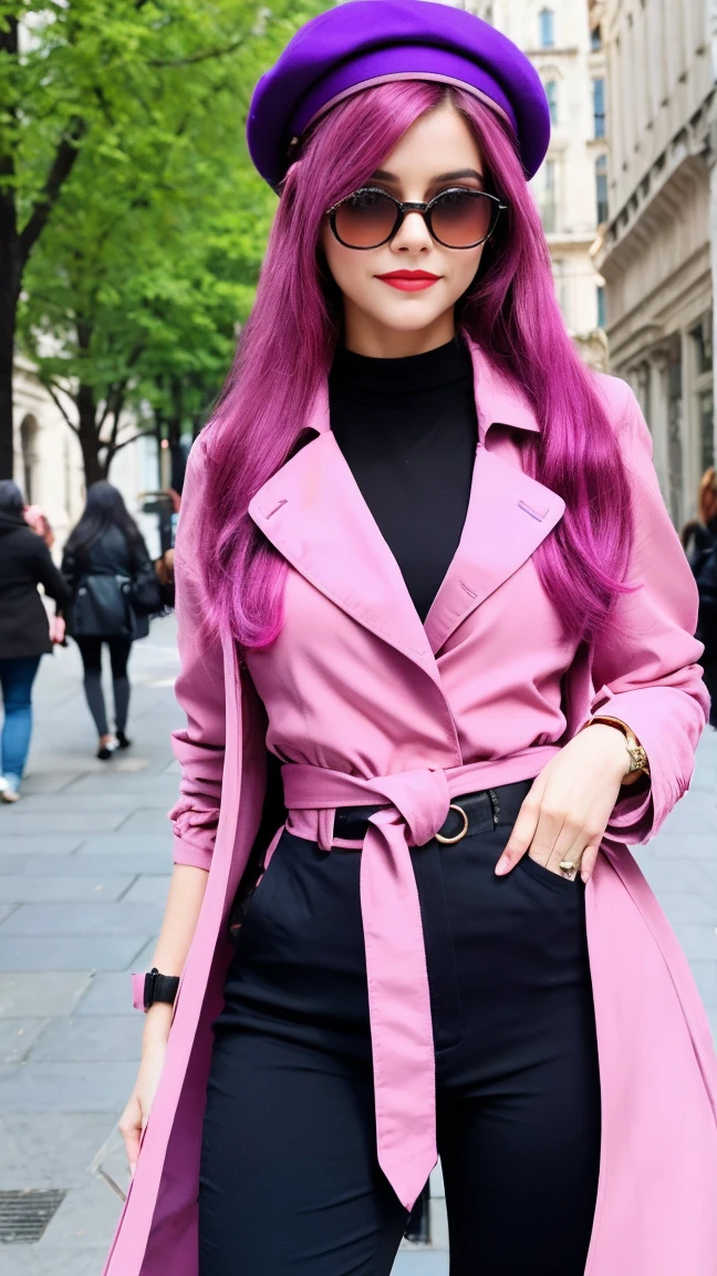 4k, realistic, high detailed, super eyes detailed, fashion clothes, pink trenchcoat, french beret, black pants with belt, long hair, in the city, pink hair, purple eyes, yae miko, wearing trendy sunglasses,