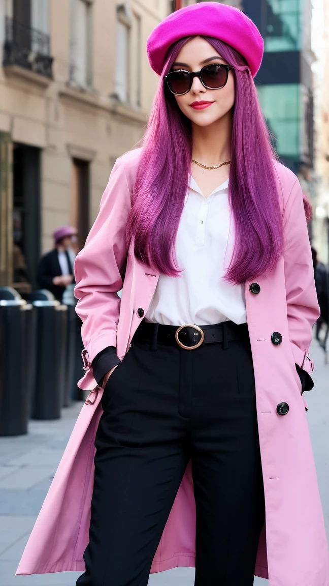 4k, realistic, high detailed, super eyes detailed, fashion clothes, pink trenchcoat, french beret, black pants with belt, long hair, in the city, pink hair, purple eyes, yae miko, wearing trendy sunglasses,