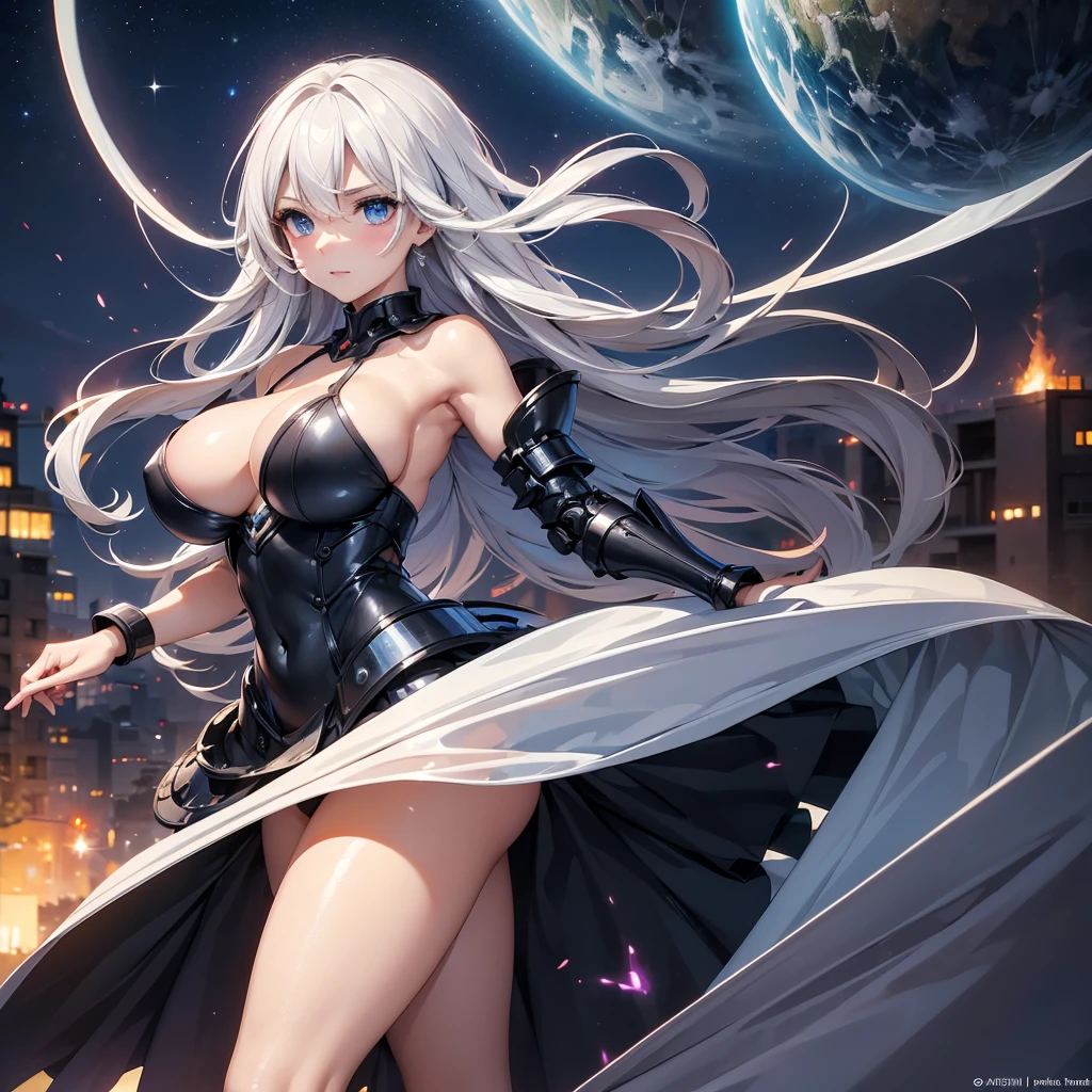 (Absurd Resolution:1.2), (ultra delicate:1.2), (masterpiece:1.2), (Photorealistic), (top-quality), BREAKA Beautiful girl with her robot companion, Glowing blue energy core, BREAK (cute 1girl), (), (finely detailed eyes and finely detailed face:1.2), BREAK (ultra fine-blue-cute-eyes:1.3), (Expression ultra detailed Glitter Pupil), (ultra detailed Expression eyelashes), BREAK (ultra delicate Long Straight Hair white hair, hairs between eyes), (beautiful Glossy lips), BREAK (slim body and gigantic breasts:1.3), narrow waist, leggy, curvy is body without muscles, BREAK (Shiny realistic pale skin texture:1.2), (sweaty skin:1.0), precise anatomy, (4 defined fingers), (1 defined thumb), breathtaking expression, BREAK (ultra delicate black-Mechanical-Armor-backless-dress:1.2), BREAK Seductive pose, (Crisp focus, eye focus:1.2), (full body shot, shoot from front, high angle shot), BREAK ultra delicate Military base in flames, Weapon debris scattered, An eerie night sky, atmospheric artwork,