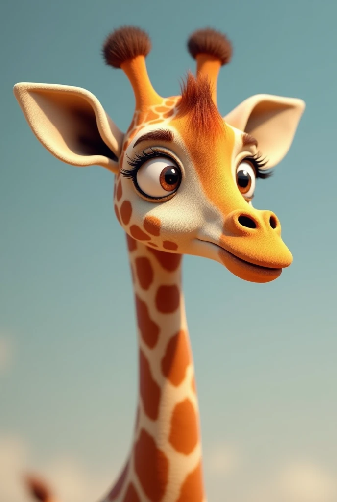 A giraffe looking down to the right. 3d image, Cartoons, face detailed, asymmetrical 16k, full body