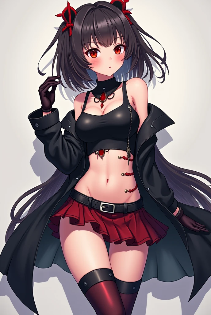 The anime girl is wearing gloves and she's also wearing a sleeveless and stomach-churning short skirt