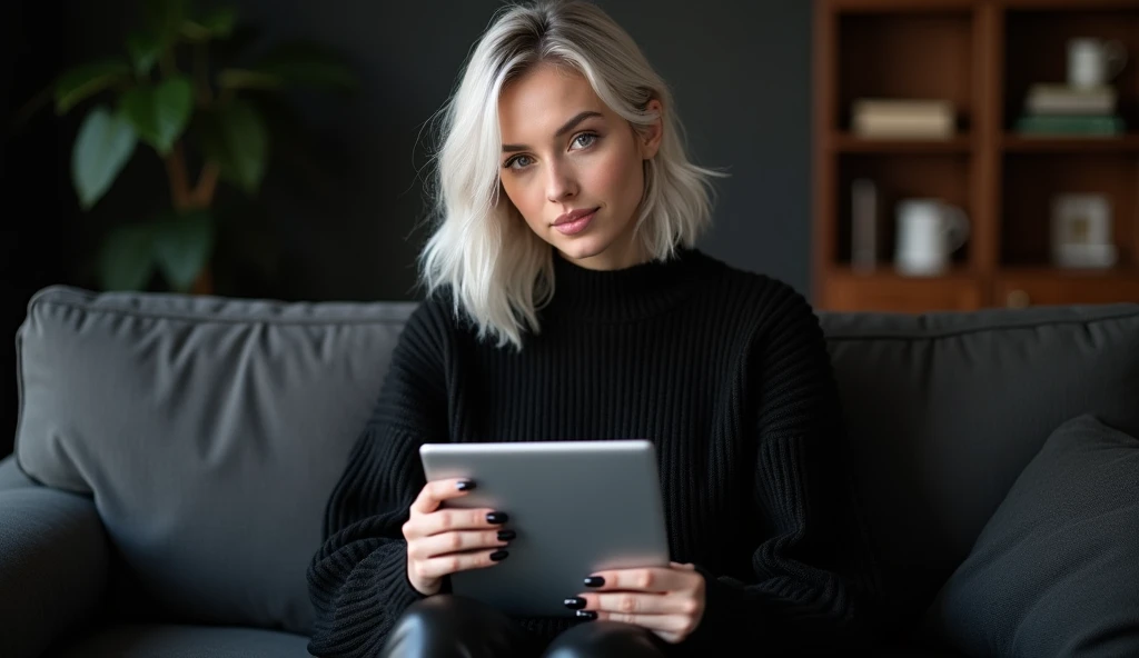 Beautiful white-skinned girl, blonde gray hair, with bright sparkling eyes, Shiny skin, Beautiful black manicure, Beautiful nails, pearl skin, Holding a laptop in his hands, in a black knitted voluminous sweater and black leather pants, Beautiful detailed fingers, professional photo, 4K, a high resolution, high detail, aesthetically pleasing, Beautiful, realistic, looking straight ahead, beautiful long nails, sitting on a sofa against the backdrop of a dark living room.