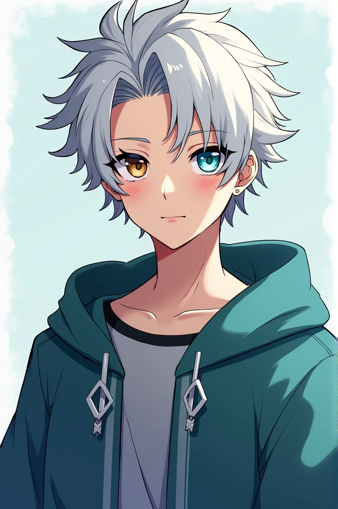 Kimetsu no Yaiba anime, Male gender, , white hair, bangs in front and almost reaching the eyes, the left eye is brown and the right eye is turquoise, short hair y ondulado, smile, if you see masculine, Whole body, Strong complexion, two piercings in the ears, fine lips, short hair, slanted eyes, whole body, wide shot, short hair, Whole body