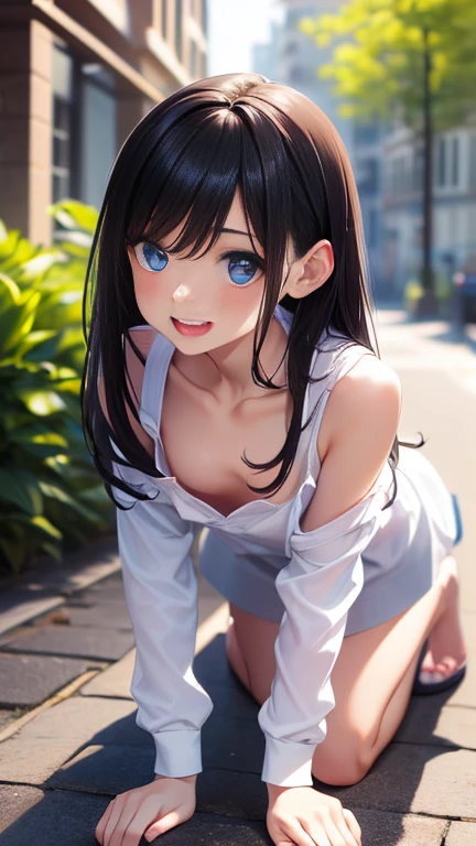 masterpiece, best quality,
super detailed, ultra detailed, extreme detailed, extremely detailed, ultimate detailed, hyper detailed,
beautiful eyes, beautiful hair, beautiful face, beautiful skin,dutch angle,(Highest quality)), ((masterpiece)), (detailed), ((Full body shot 1.5)),Natural Light,1人の16歳のBeautiful woman,Very sexy,Small breasts,
Beautiful woman,Beautiful Face,Big eyes,Beautiful Eyes,Well-formed double eyelids,Beautiful teeth alignment,Beautiful body lines,8 heads and a slim body,Beautiful long arms,Beautiful long legs,Long and flexible hair,shiny black hair,Embarrassed expression,Blushing and ecstatic expression,Half-open mouth,Beautiful shoulders,Beautiful collarbone,A pose on all fours that emphasizes cleavage,((He is wearing a white open-necked shirt with a large opening at the chest.,White open-collar shirt 1.5)),