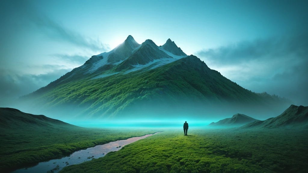 Photorealistic drone photo of a mountain slope covered in dense vegetation with a mist of humidity. In the center of the picture is a man with a faithful dog and a drone explorer. They set foot on a lonely unknown planet, A certain visible and invisible oceans stretched before the eyes of the astronaut, boasting a variety of shades from turquoise to deep blue. Islands, covered with strange and magical trees, shone on the surface of the water, Like little gems. Kodak ektar film, 35mm photography, professional lighting, deep aesthetic, microscopic details, contemporary art, dreamlike surrealism, The scene is epic and mysterious, reminiscent of the X-Files, dreamy, ethereal, ultra-detailed, Strong contrast, Good depth of field, 8K wallpaper, Masterpiece, Aesthetic illustration in realistic style, Dark Clouds almost completely covered the sky, the air is very humid, urgently outside