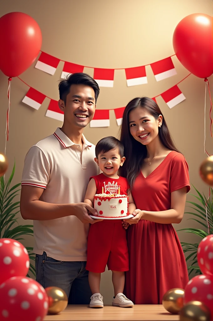 "A happy family photo celebrating their child's 9th birthday with an Indonesian independence theme. The family consists of a father, mother, and their young child standing in front of a decorated backdrop. The child, wearing a red and white outfit (symbolizing the Indonesian flag), is surrounded by balloons, banners, and small Indonesian flags. A friendly clown dressed in red and white is entertaining the child, holding a cake with 'Selamat Ulang Tahun' written on it. The parents are smiling, standing beside the child, and the whole scene is filled with a festive, patriotic atmosphere".