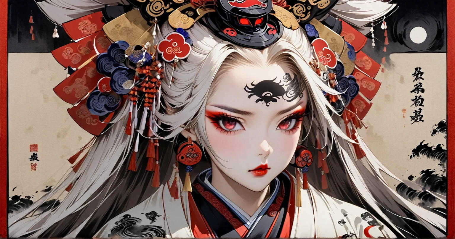 Ink painting, (((1 girl))), (((Tattoo in the middle of the forehead))),(((In the background is the Akatsuki moon))), (((Oiran))), (((Great hair accessories))), Japanese style headphones, Demon possession, (((Red eyes with an inscription inside them))),Face up close, Japanese beauty, White hair, Sensitive and precise, Modern Ukiyo-e style