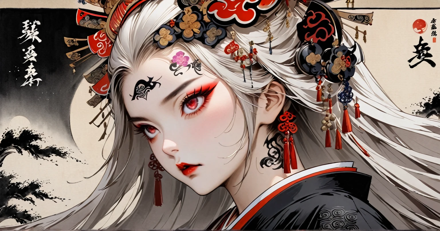 Ink painting, (((1 girl))), (((Tattoo in the middle of the forehead))),(((In the background is the Akatsuki moon))), (((Oiran))), (((Great hair accessories))), Japanese style headphones, Demon possession, (((Red eyes with an inscription inside them))),Face up close, Japanese beauty, White hair, Sensitive and precise, Modern Ukiyo-e style