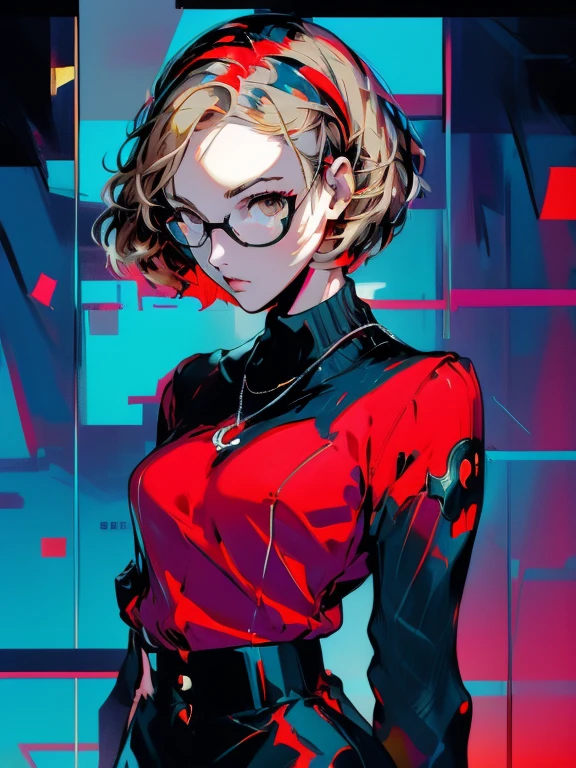 in the art style of persona5, (masterpiece:1.2, highest quality), (Realistic, photoRealistic:1.4), Beautiful illustrations, (Natural Side Lighting, Cinema Lighting), Written boundary depth, Beautiful thighs staring at the viewer, (((Face Focus, Upper Body))), 1 female, 20-year-old, alone, thin, slender, (small breasts), short Hair, straight Hair, Forehead, Forehead, Forehead, Forehead, thin, slender, glasses, blouse, sexy pencil skirt, Are standing, ((Close-up)), ((Close-up)), ((Close-up))