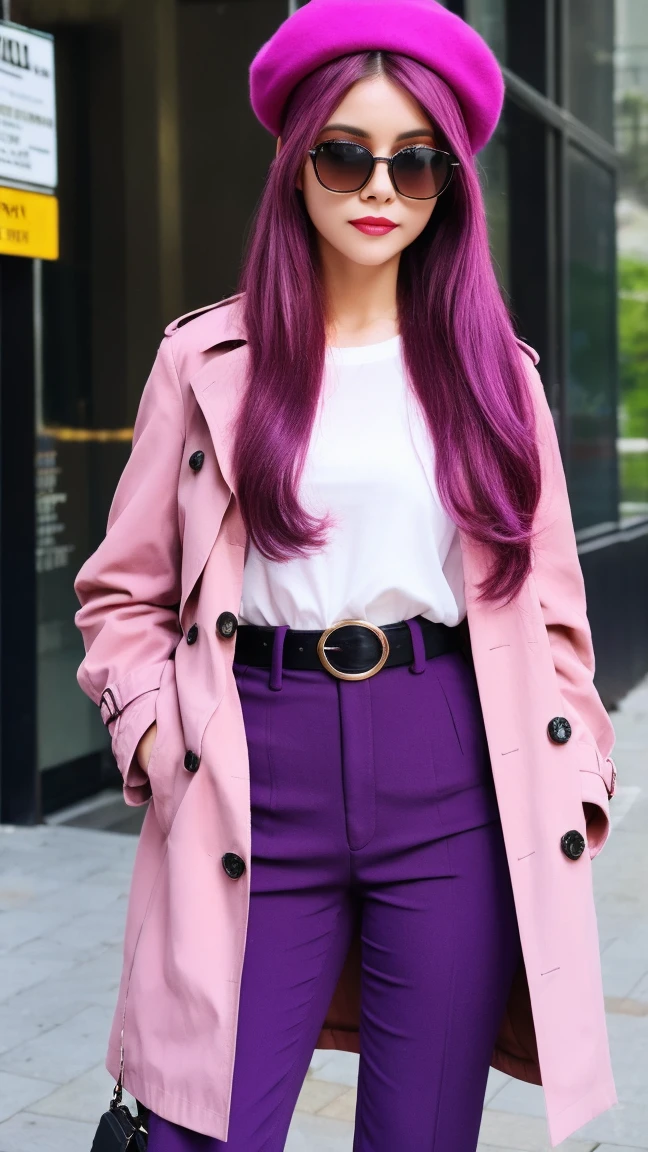 4k, realistic, high detailed, super eyes detailed, fashion clothes, pink trenchcoat, french beret, black pants with belt, long hair, in the city, pink hair, purple eyes, yae miko, wearing trendy sunglasses,