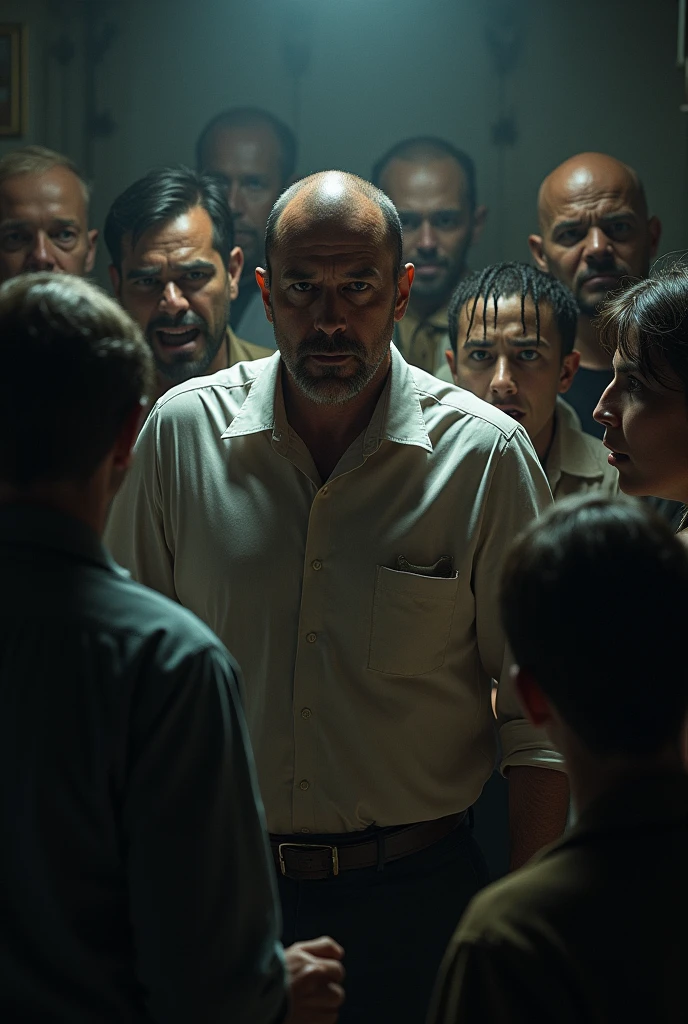 Man talking in a group of people, they are terrified 
