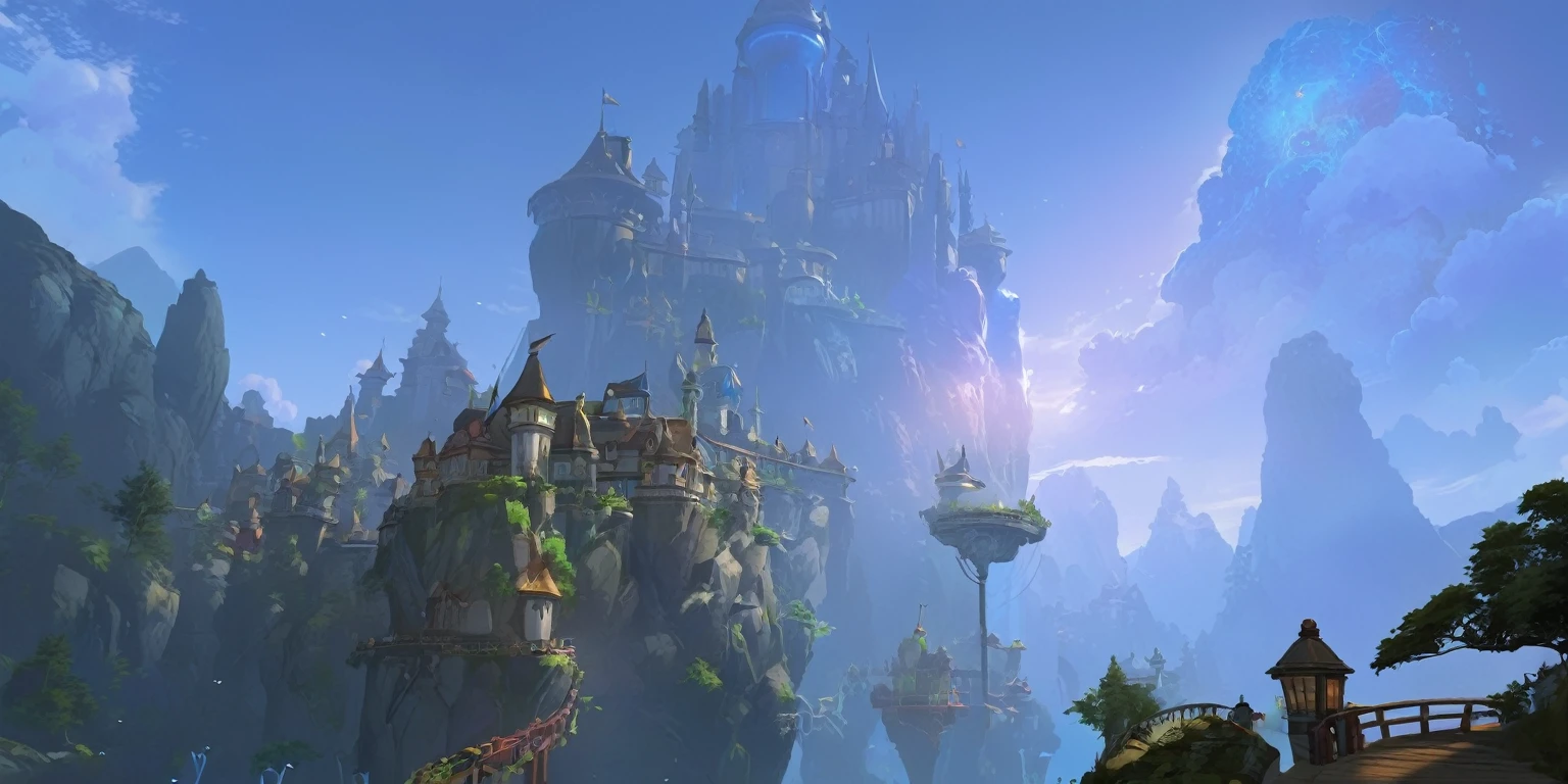 There is a big castle in the middle of the mountain, matte painting arcane Dota pixar, World of Warcraft concept art, World of Warcraft art style, Blizzard game concept art, Dota Concept Art, Floating Land in the Clouds, Blizzard concept artists, Wow 4k detail fantasy, Dota! Concept Art, Blizzard concept art, Blizzard concept artist