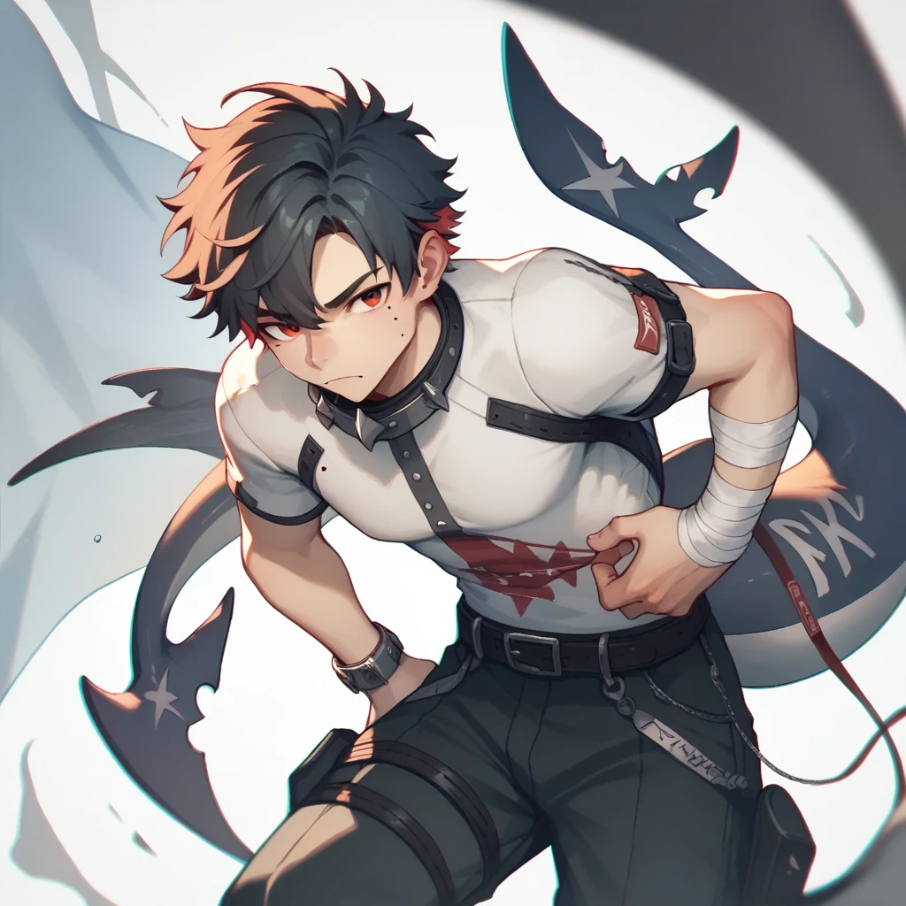 1 Boy,wrist_Iron buckle,arm_bandage,fluffy_short_sleeve,mole_under_Eye,Black_Pants,Black and Red的_Suit,shark_Tail,Black and Red_hair