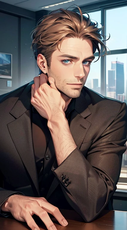 (best quality,4k,8k,highres,masterpiece:1.2),ultra-detailed,(realistic,photorealistic,photo-realistic:1.37),1 man,31 years old,mature man,very handsome,without expression,smile,short grey brown hair,blue eyes,penetrating gaze,perfect face without errors,imposing posture,businessman,office background,cinematic lighting,hdr image