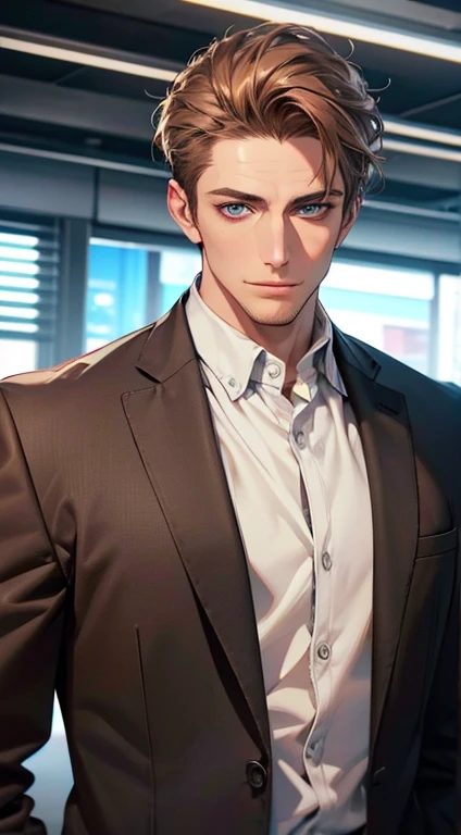 (best quality,4k,8k,highres,masterpiece:1.2),ultra-detailed,(realistic,photorealistic,photo-realistic:1.37),1 man,31 years old,mature man,very handsome,without expression,smile,short grey brown hair,blue eyes,penetrating gaze,perfect face without errors,imposing posture,businessman,office background,cinematic lighting,hdr image