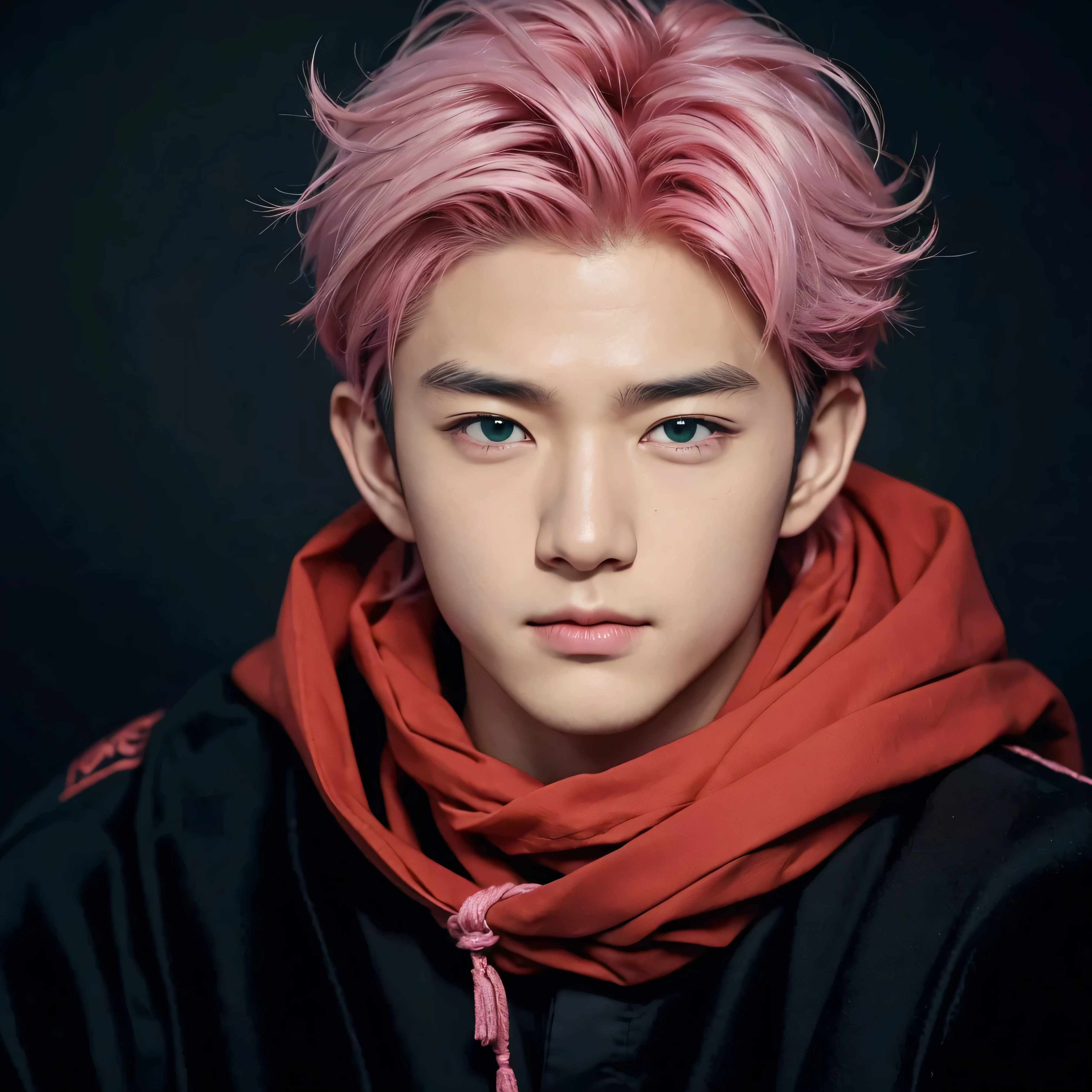 Masterpiece, Extremely Realistic, UHD, 8K, Extremely Detailed, depth of field, Detailed face, best photography, Jujutsu Kaishen, Yuji Itadori Jujutsu Kaisen, man cosplay, High quality image, detailed hair texture, detailed skin texture, detailed cloth texture, add fabric details, ultra detailed skin texture, ultra detailed photo, skin pores, cloth details, high skin details, realistic hair details, realistic light, realistic shadow,(photorealistic:1.2),Real life adaption of this character, ((Korean handsome face)), pink hair, green aura at hand