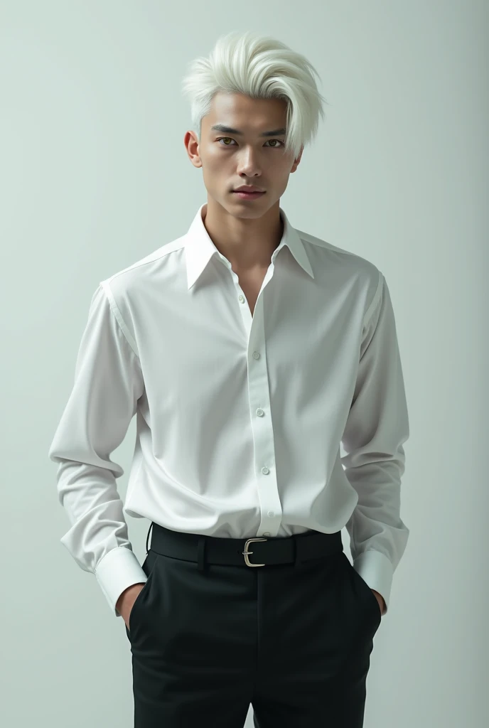 A cool man with white hair and yellow eyes.。Wearing a white shirt and black trousers