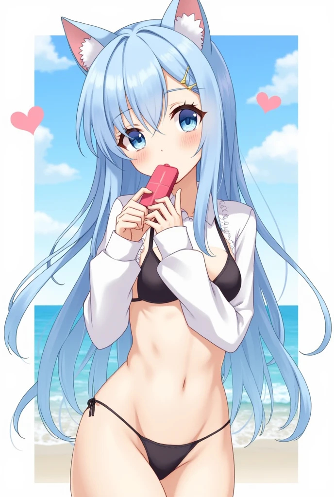 One girl, blue eyes, Long Hair, Blue Hair, Long sleeve, bangs, Cat ear, hair ornaments, Sleeves are longer than the wrist, blush, collared, Staring at the audience, One side up, Hair between the eyes,beautiful girl, Close your mouth, Heart symbol on background,bikini,Licking a popsicle, Beach,Licking the popsicle,See-through swimsuit