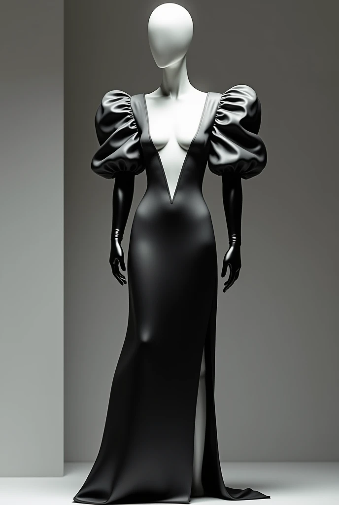 A mannequin wearing a puffed-sleeved dress, with a deep V-neckline and a skirt with a leg opening in a gradient tone from black to white 