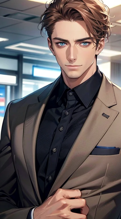 (best quality,4k,8k,highres,masterpiece:1.2),ultra-detailed,(realistic,photorealistic,photo-realistic:1.37),1 man,31 years old,mature man,very handsome,without expression,smile,short grey brown hair,blue eyes,penetrating gaze,perfect face without errors,imposing posture,businessman,office background,cinematic lighting,hdr image