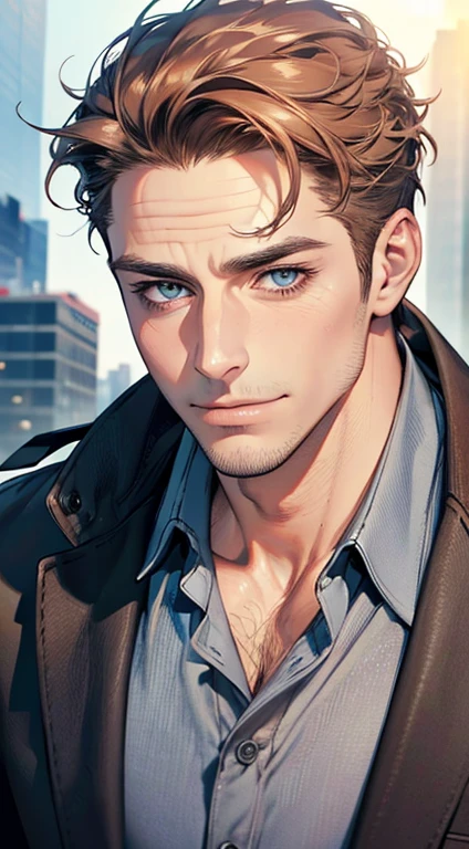 (best quality,4k,8k,highres,masterpiece:1.2),ultra-detailed,(realistic,photorealistic,photo-realistic:1.37),1 man,31 years old,mature man,very handsome,without expression,smile,short grey brown hair,blue eyes,penetrating gaze,perfect face without errors,imposing posture,businessman,office background,cinematic lighting,hdr image