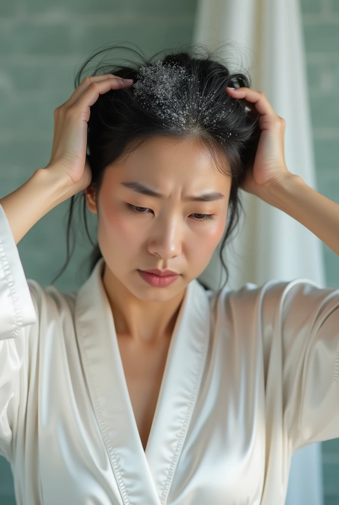 Create an Asian middle-aged beauty,Wearing a white satin bathrobe,,Scratching the scalp with both hands,There is a lot of dandruff on the top of the head,White fine dandruff on the top of the head,The expression is unhappy,The characters are realistic and realistic,Bathroom Background,9:16 frames,Ultra-high-definition picture quality