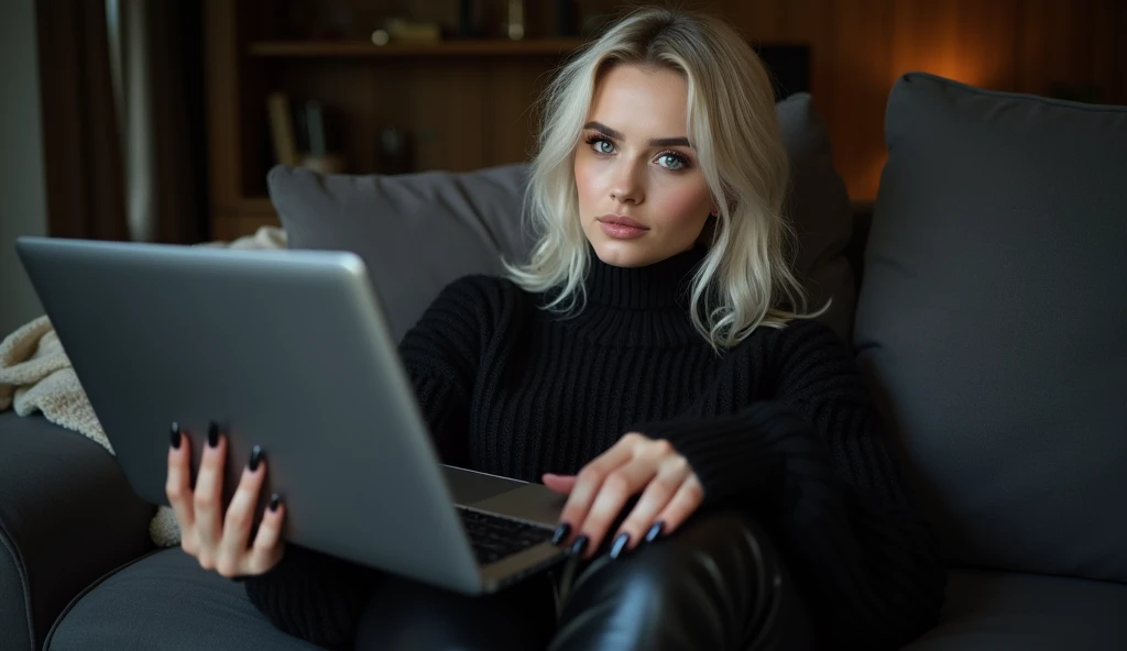 Beautiful white-skinned girl, blonde gray hair, with bright sparkling eyes, Shiny skin, Beautiful black manicure, Beautiful nails, pearl skin, Holding a laptop in his hands, in a black knitted voluminous sweater and black leather pants, Beautiful detailed fingers, professional photo, 4K, a high resolution, high detail, aesthetically pleasing, Beautiful, realistic, looking straight ahead, beautiful long nails, sitting on a sofa against the backdrop of a dark living room.