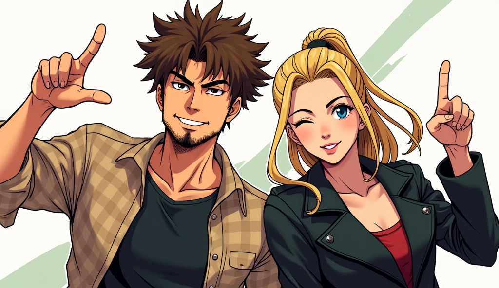Create a stylized illustration of two young adults posing together in the iconic art style of JoJo's Bizarre Adventure. The man on the left has messy brown hair and a short beard, wearing a beige plaid shirt and a black T-shirt. He is making the 'rock on' hand gesture. The woman on the right has long blonde hair, tied back, wearing a black leather jacket. She is winking and also making the 'rock on' hand gesture. Both characters should have exaggerated, dynamic poses, with sharp, defined facial features and intense expressions typical of the JoJo style. Include dramatic shading, bold colors, and dynamic lines to emphasize the characters' energy and presence. The background should be minimalistic, focusing attention on the characters, with a few abstract shapes or lines that enhance the overall dramatic effect."