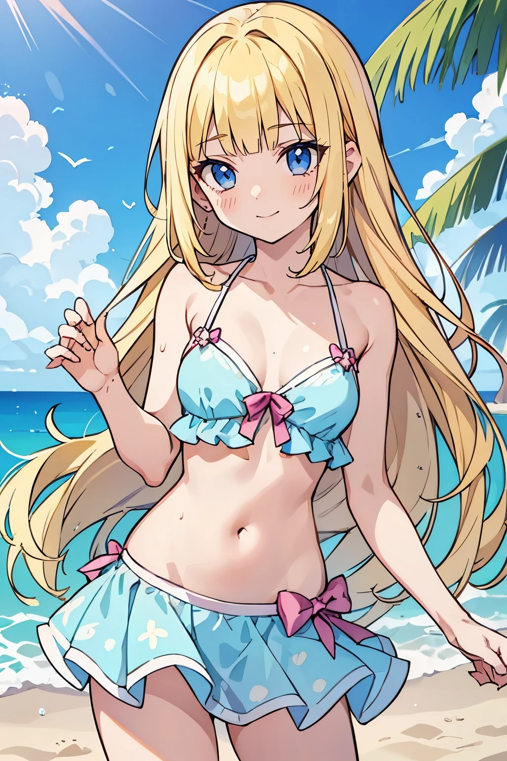 fairy_tail_style, solo, 1 girl, (young female body:1.4), (medium small breasts), golden yellow hair, extra long hair, blunt bangs, crystal blue eyes, very detailed eyes, cowboy shot, detailed eyes, beach house, sand, purple swim dress, tight swim dress, bikini