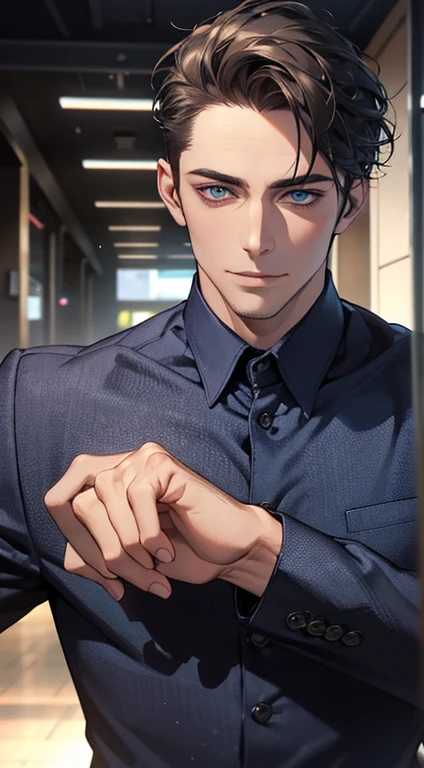 (best quality,4k,8k,highres,masterpiece:1.2),ultra-detailed,(realistic,photorealistic,photo-realistic:1.37),1 man,31 years old,mature man,very handsome,without expression,smile,short blue back hair,blue eyes,penetrating gaze,perfect face without errors,imposing posture,businessman,office background,cinematic lighting,hdr image
