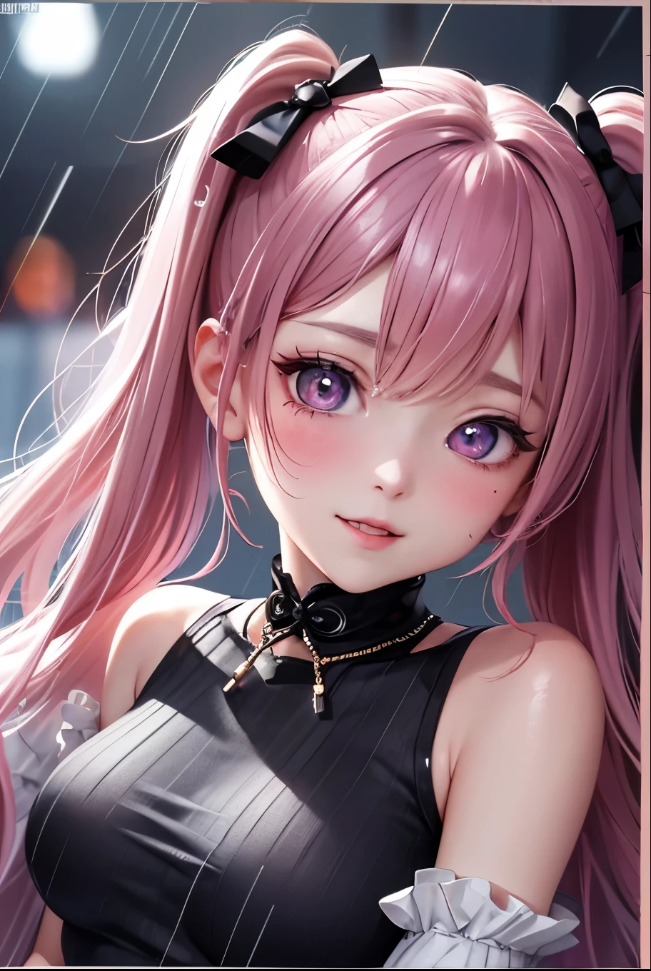 masterpiece, best quality, highly detailed, high resolution, expensive resolution, high resolution, 4k, 8k, uniform 8k wallpaper, highly detailed CG, masterpiece, 2d, 3d, beautiful details, depth, fine texture, best quality: 1.3, perfectly focused, sharp. skin, him, very cute anime girl, her name is Mei, short pigtails, idol, in the rain, expensive pink short pigtails, mole under eye, looking at the viewer, expensive, blush, mole, open lips, pink eyes, heart shaped choker, smiling face