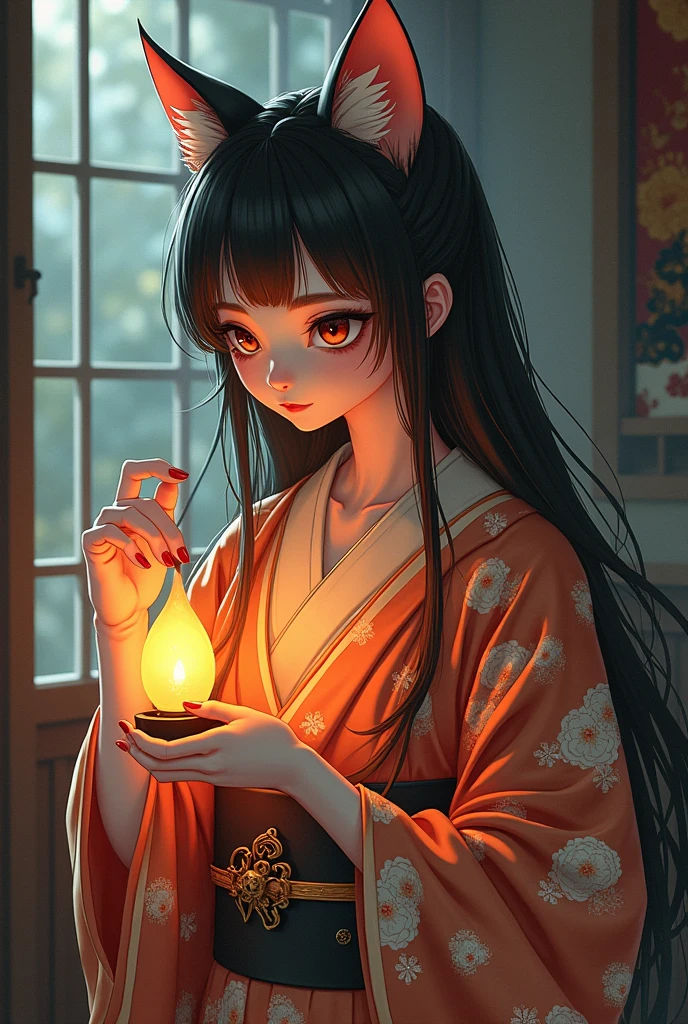 Japanese Yokai、Cat、Anthropomorphic female calico cat:1.5、Detailed whisker pads:1.5、The body is human、Detailed long flowing hair、Wearing traditional Japanese kimono、Night after night, I lick the oil from the lantern、Traditional Japanese House、Exquisitely detailed kimono texture:1.5、Beautifully detailed fur texture、Very detailed、Ethereal、Shine、mysterious、Fantasy、Ukiyo-e style、Bright colors、Dramatic lighting、Digital Painting、8k、high quality