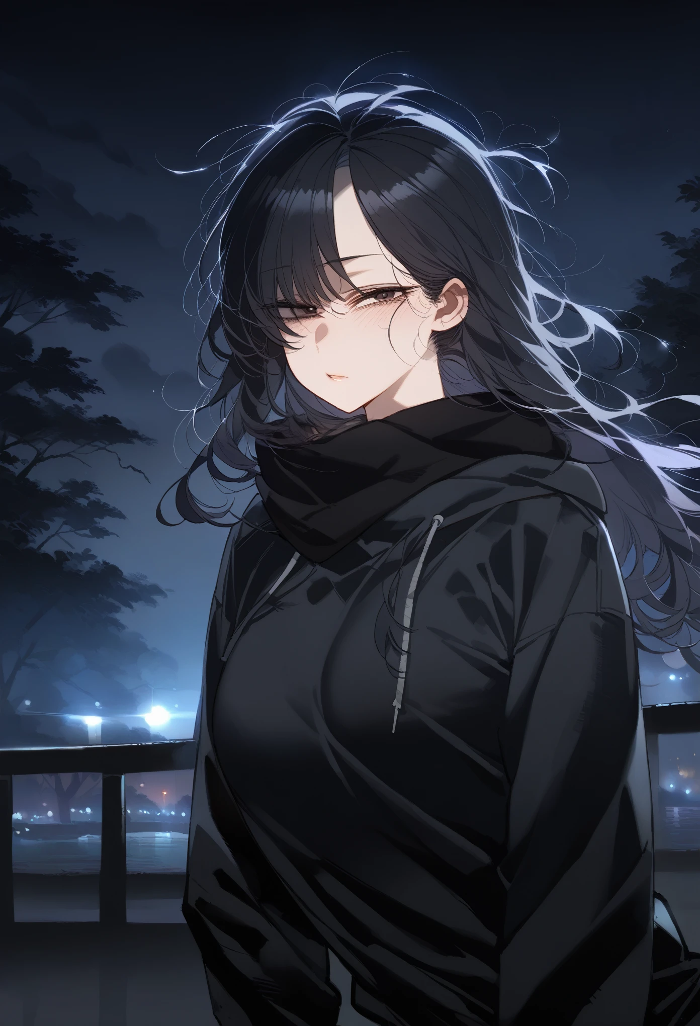 1girl, (((masterpiece, best quality, best anatomy, expressive eyes, narrow eyes, perfect face, gorgeous face, beautiful asian face, age girl, beautiful girl))), 18 year old girl, black hair, black eyes, long hair, messy hair, medium breasts, lightskin, black hoodie, black scarf, black sweatpants, trees, wearing gloves, black gloves, (nighttime, dark lighting, dark setting), solo, looking at viewer, ((ratatatat74 style))