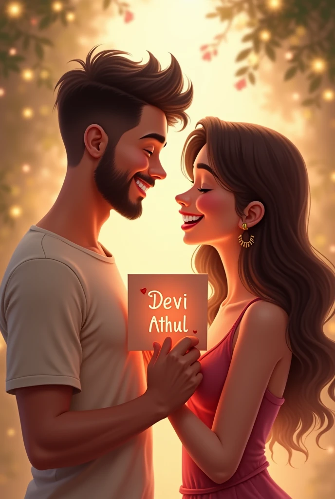 A young man with a beard and a young woman with wavy hair together holding a card which says 'Devi Athul'