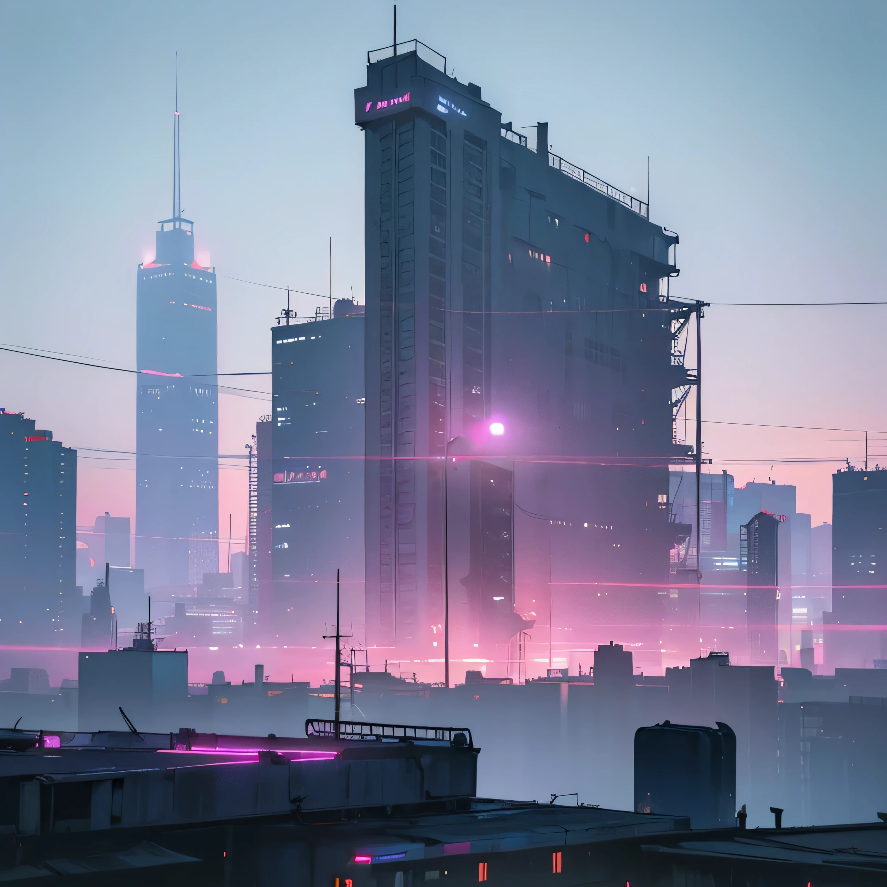 a rooftop at night, neon signs, abandoned city atmosphere, clear sky, full moon, cinematic lighting, moody, dramatic, dark, urban, cityscape, architecture, silhouettes, reflections, high contrast, blue and pink color tones, glowing lights, (best quality,4k,8k,highres,masterpiece:1.2),ultra-detailed,(realistic,photorealistic,photo-realistic:1.37),cinematic composition,dramatic shadows,atmospheric,urban exploration,moody lighting,futuristic,cyberpunk,neon city