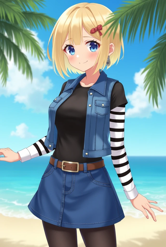 1girl, (solo:1.2), (standing:1.3), (interacting:1.3), (cowboy shot:1.5), (curvy:1.2), smile, happy, at ease, (masterpiece:1.3), (best quality:1.3), (perfect anatomy:1.4), highly detailed, (tropical beach:1.3), palm trees, azure blue water, daylight, summer,, android18, earrings, denim, belt, blonde hair, blue eyes, short hair, jewelry, (denim vest:1.2), open vest, black pantyhose, black shirt, denim skirt, (white striped long sleeves), blue skirt, large breasts, semi-realistic artstyle, vibrant, soft shading, expressive naked