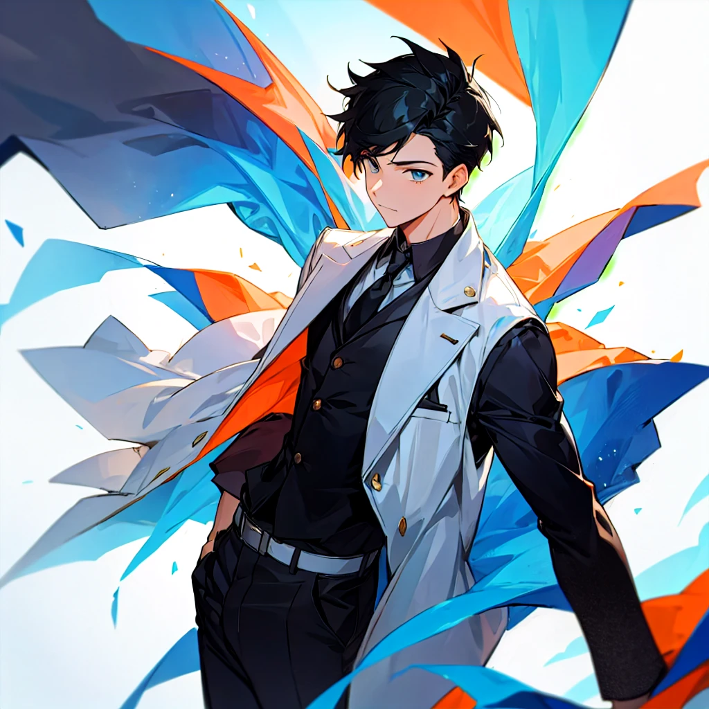 A young man&#39;s face, black hair, sharp features, green eyes, lots of colors, handsome, bright colored flowers, a slight smile 
