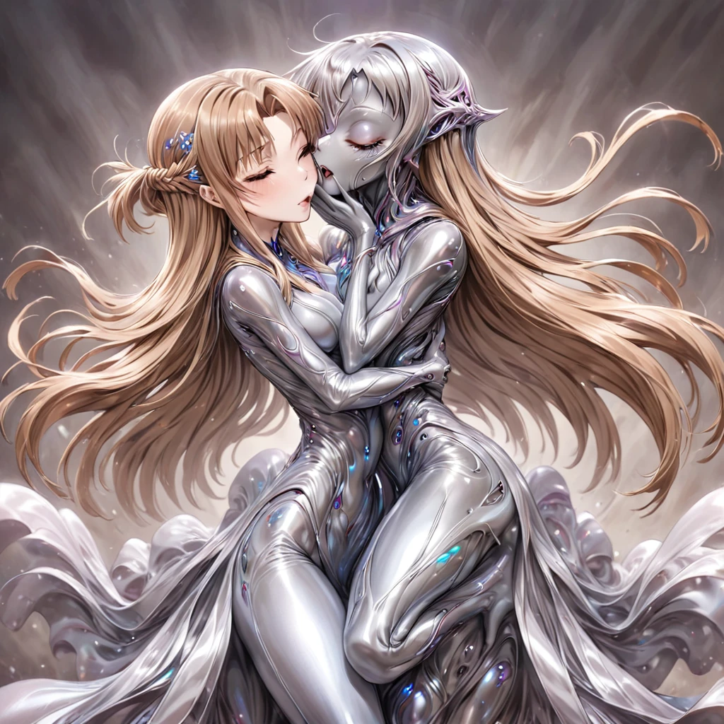 ((Highest quality)), ((masterpiece)), (detailed), （Perfect Face）、The woman is Yuuki Asuna, a completely metallic lifeform with metallic silver skin and face, and light brown metallic medium-long hair.、The woman is a metallic lifeform whose entire body and face are made of metal.、The king of the great male metallic lifeforms and the woman embrace, kiss, have sex, and make love.
