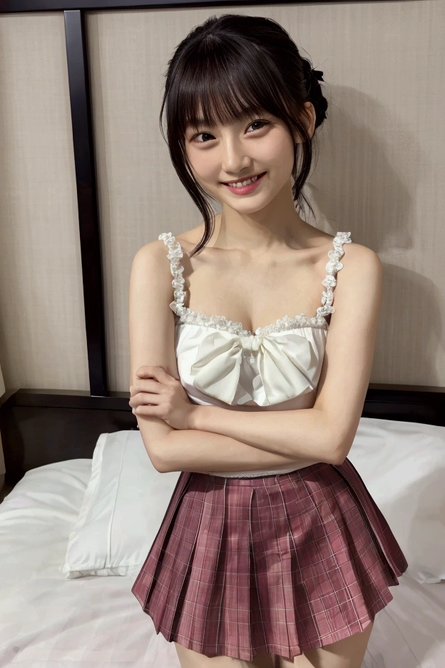 Gravure idol pose　Adorable smile　Hotel　bed　high resolution　Not too small bust　Skirts should be shortened　Beautiful legs　Beautiful Hair　Height: 155cm