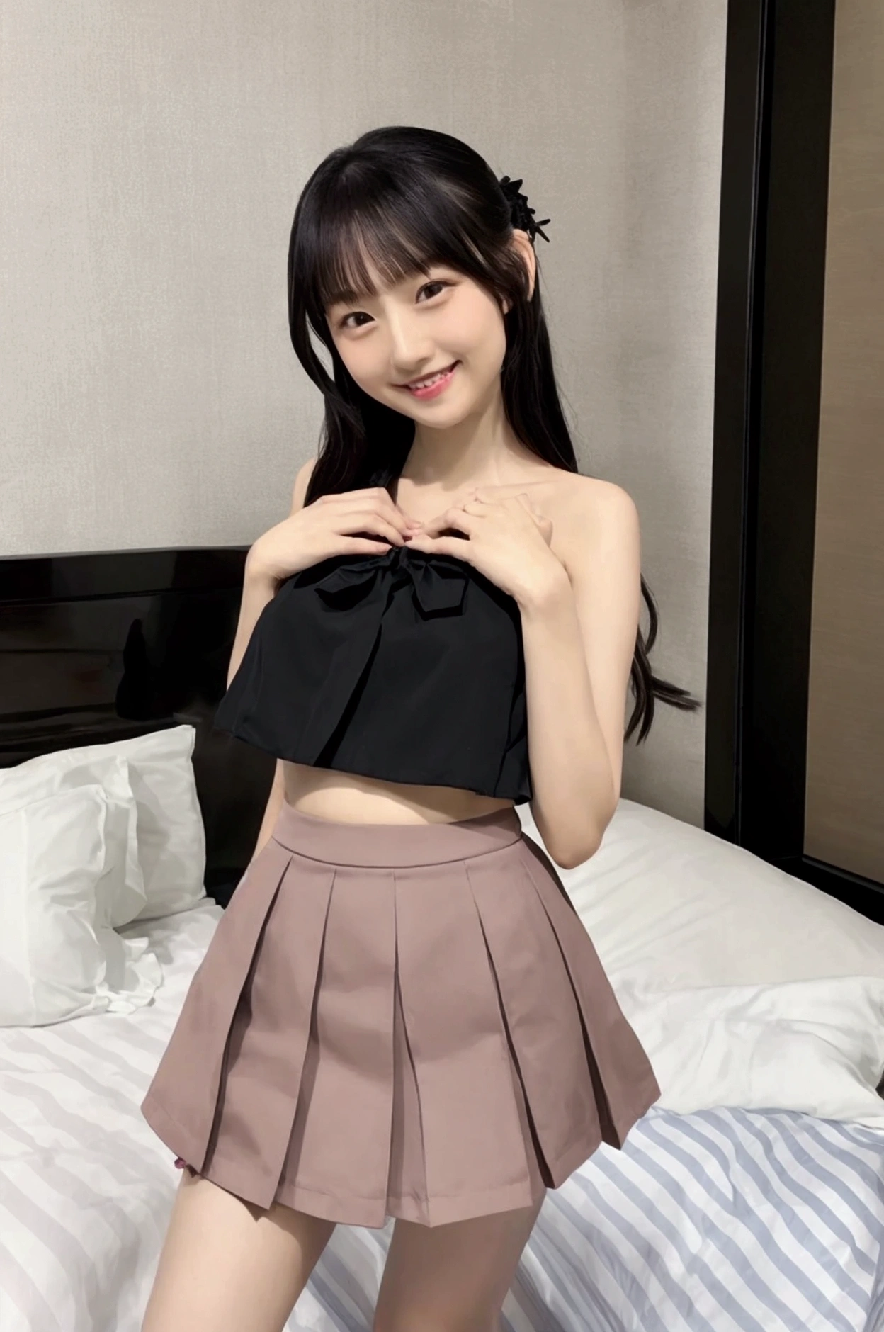 Gravure idol pose　Adorable smile　Hotel　bed　high resolution　Not too small bust　Skirts should be shortened　Beautiful legs　Beautiful Hair　Height: 155cm