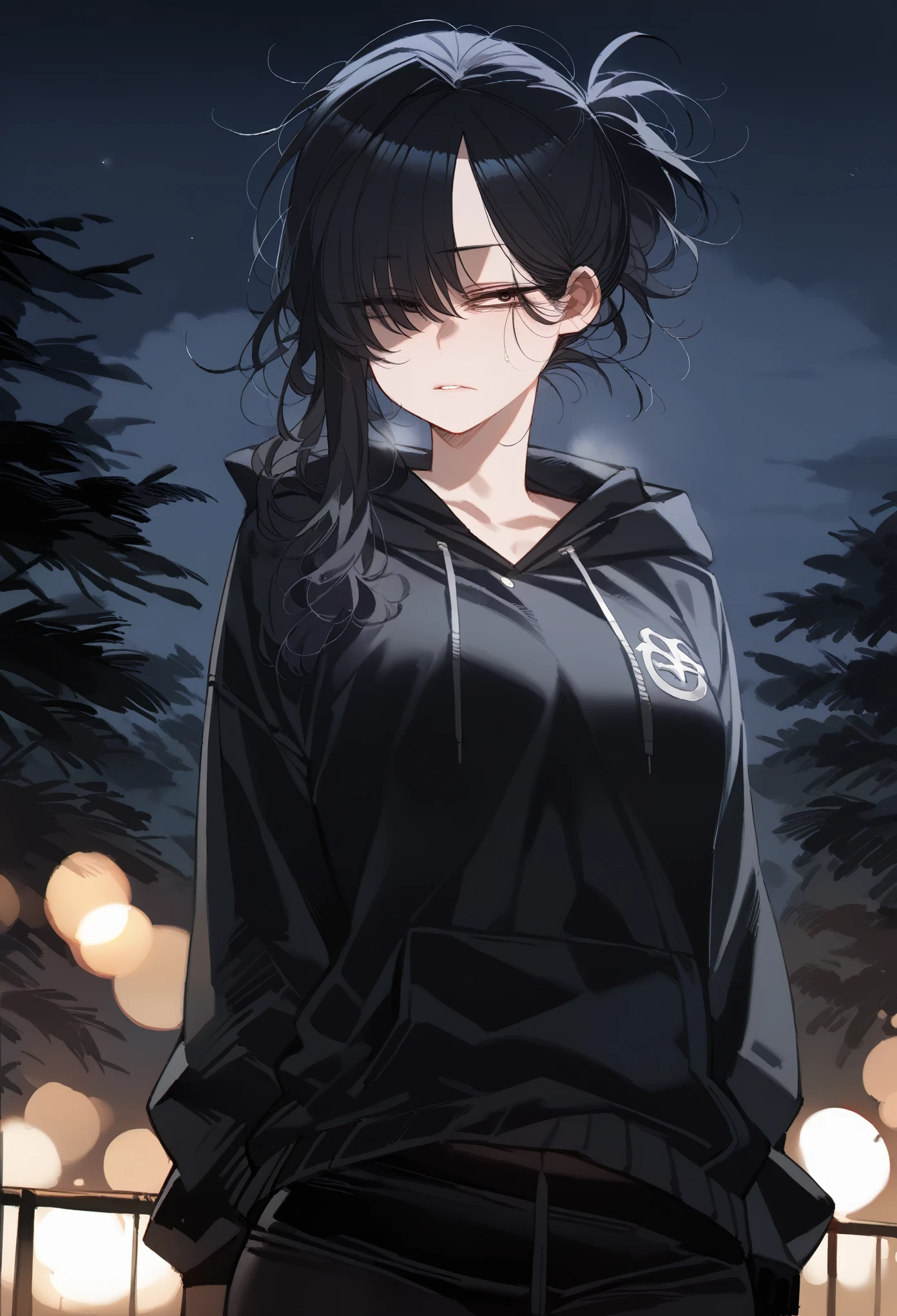 1girl, (((masterpiece, best quality, best anatomy, expressive eyes, narrow eyes, perfect face, gorgeous face, beautiful asian face, age girl, beautiful girl))), 18 year old girl, black hair, black eyes, long hair, messy hair, medium breasts, lightskin, black hoodie, black scarf, black sweatpants, trees, wearing gloves, black gloves, (nighttime, dark lighting, dark setting), solo, looking at viewer, ((ratatatat74 style))
