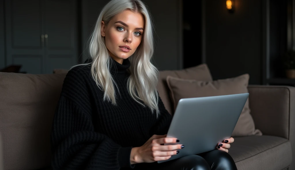Beautiful white-skinned girl, blonde gray hair, with bright sparkling eyes, Shiny skin, Beautiful black manicure, Beautiful nails, pearl skin, Holding a laptop in his hands, in a black knitted voluminous sweater and black leather pants, Beautiful detailed fingers, professional photo, 4K, a high resolution, high detail, aesthetically pleasing, Beautiful, realistic, looking straight ahead, beautiful long nails, sitting on a sofa against the backdrop of a dark living room.