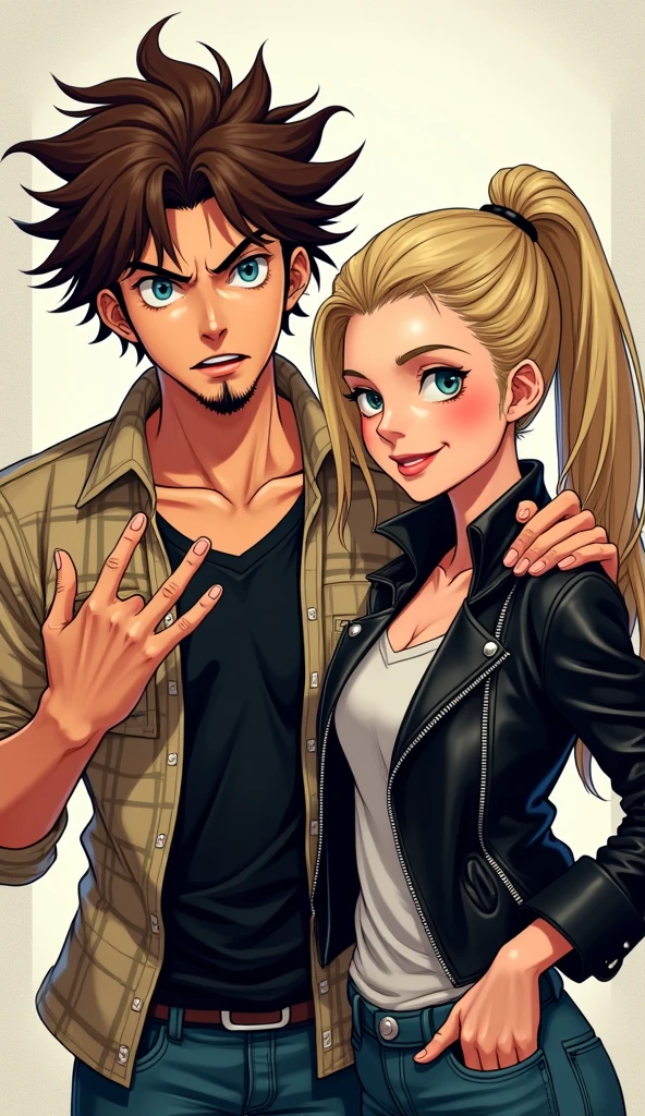 Create a stylized illustration of two young adults posing together in the iconic art style of JoJo's Bizarre Adventure. The man on the left has messy brown hair and a short beard, wearing a beige plaid shirt and a black T-shirt. He is making the 'rock on' hand gesture. The woman on the right has long blonde hair, tied back, wearing a black leather jacket. She is winking and also making the 'rock on' hand gesture. Both characters should have exaggerated, dynamic poses, with sharp, defined facial features and intense expressions typical of the JoJo style. Include dramatic shading, bold colors, and dynamic lines to emphasize the characters' energy and presence. The background should be minimalistic, focusing attention on the characters, with a few abstract shapes or lines that enhance the overall dramatic effect."